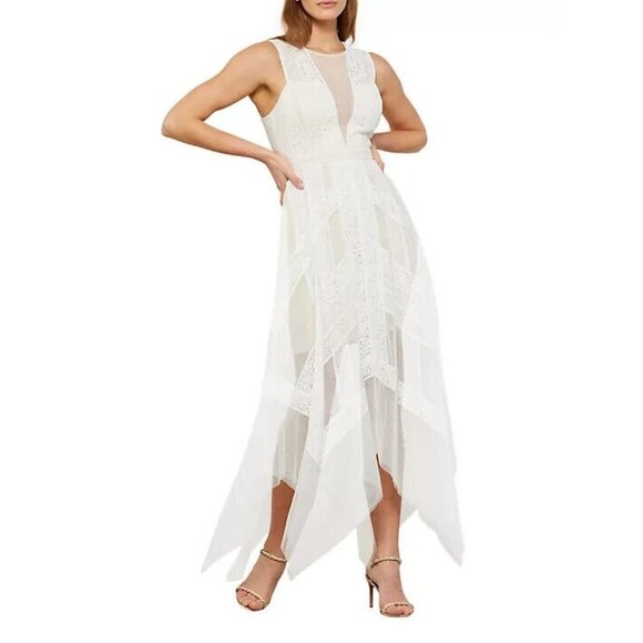 NWT BCBG MaxAzria Andi in Off White Nude Lace Handkerchief Hem Sheer Dress 0 - Picture 7 of 10
